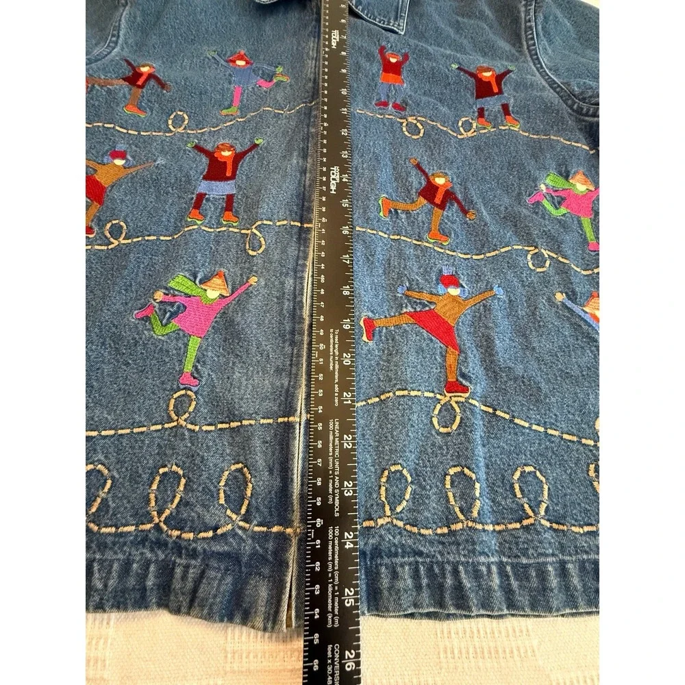 Embroidered Novelty Shacket Ice Skaters Denim Jacket Winter whimsical Teacher M - Picture 6 of 9